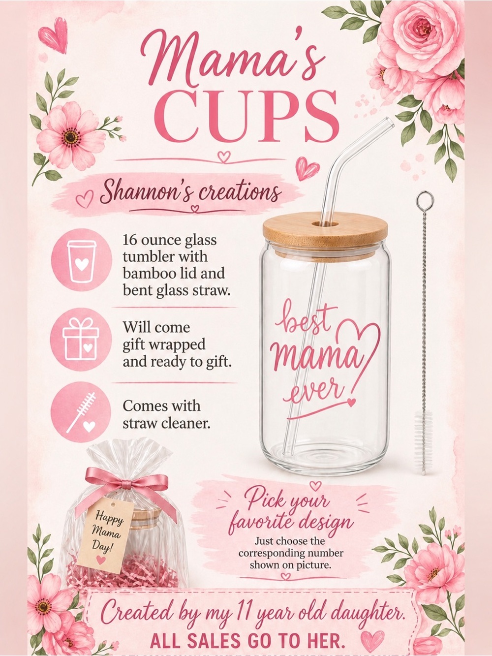 Buy Now* Mama themed cup 16 ounce glass tumbler with straw